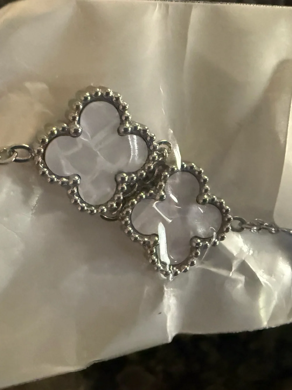 Trending Clover Fashion Bracelet trinity new in package white enamel Silvertone